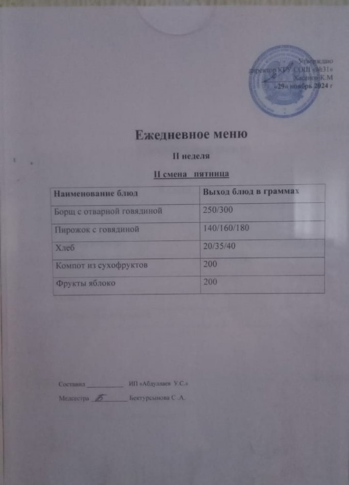 меню 2 смена