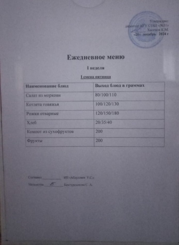 меню 1 смена