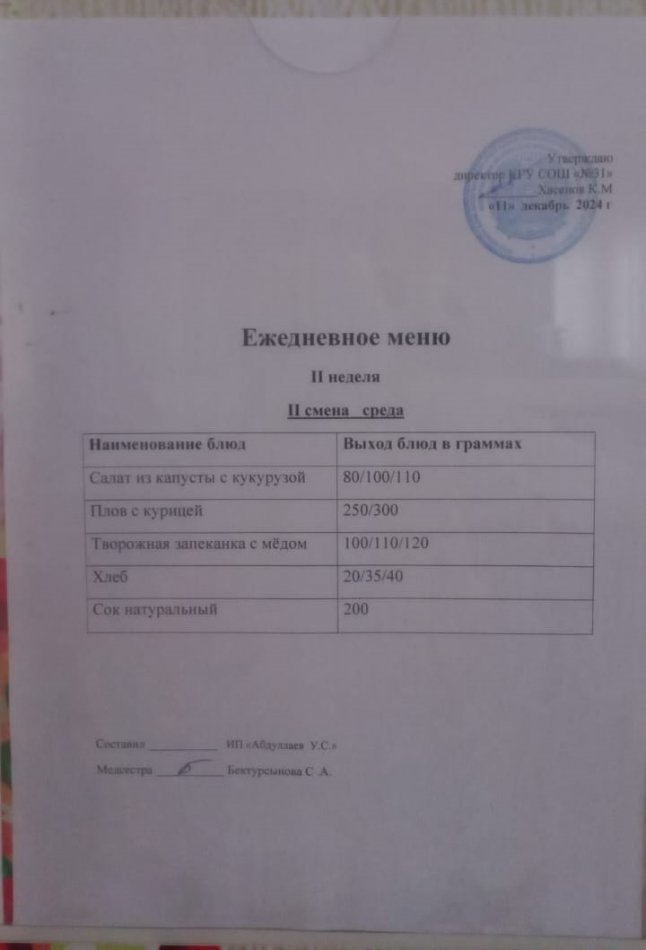 меню 2 смена