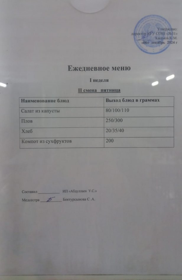 меню 2 смена