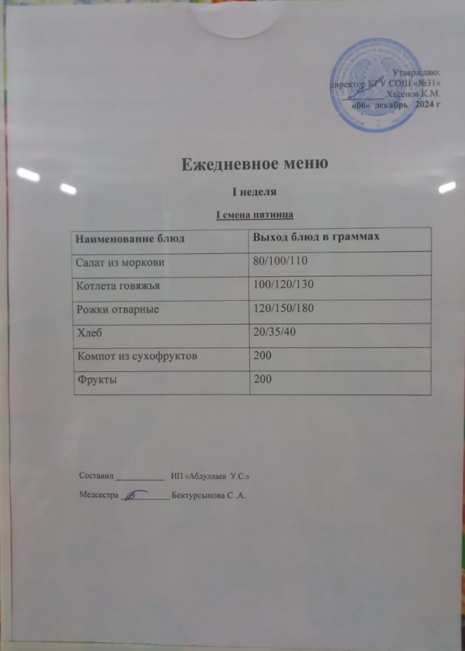 меню 1 смена