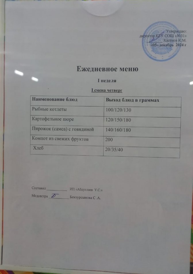 меню 1 смена
