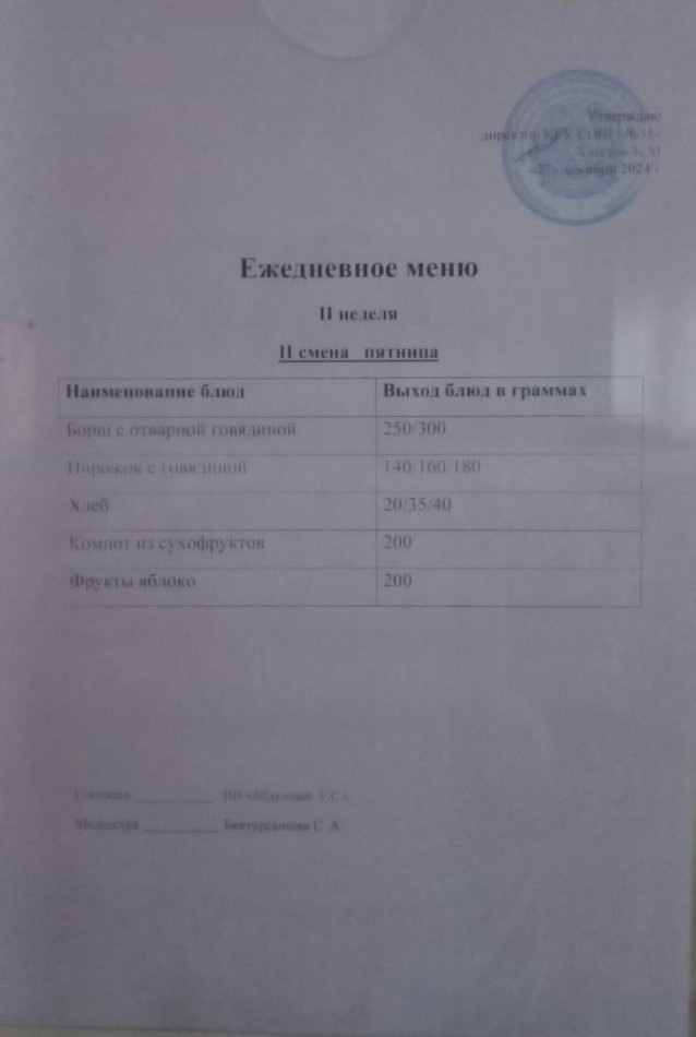 меню 2 смена