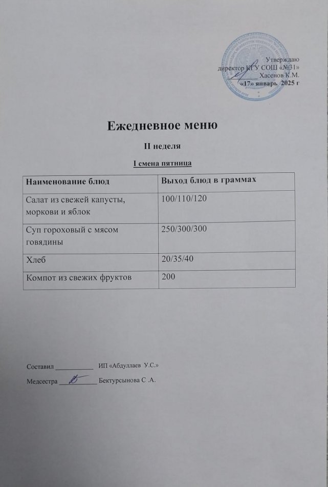меню 1 смена