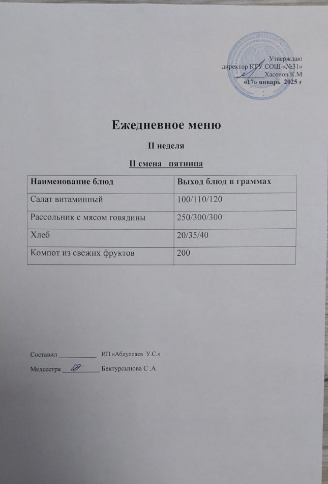 меню 2 смена