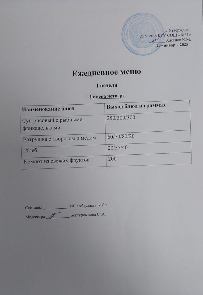 меню 1 смена