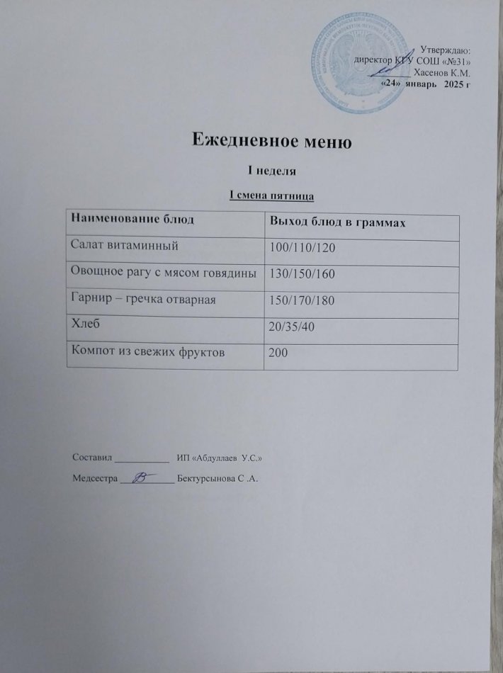 меню 1,2 смена