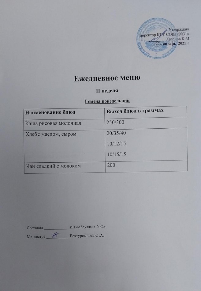 меню 1,2 смена