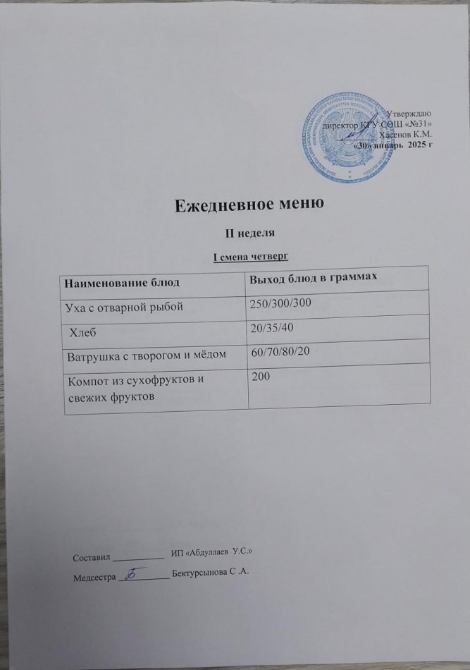 меню 1,2 смена