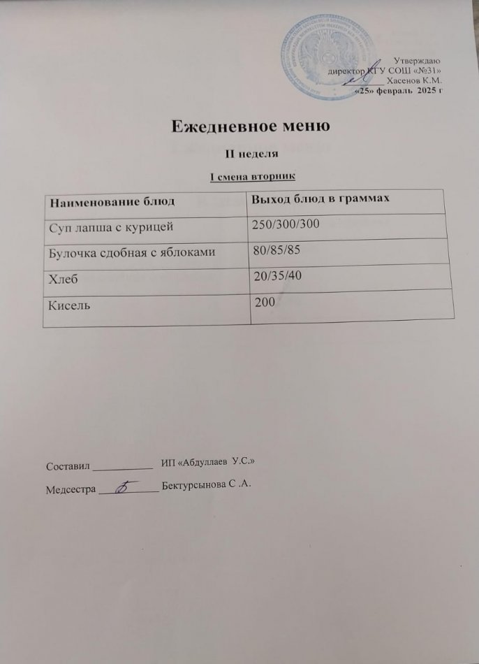 меню 1,2 смена