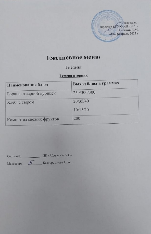 меню 1,2 смена