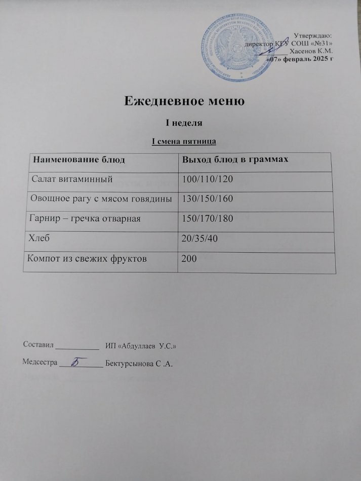 меню 1,2 смена