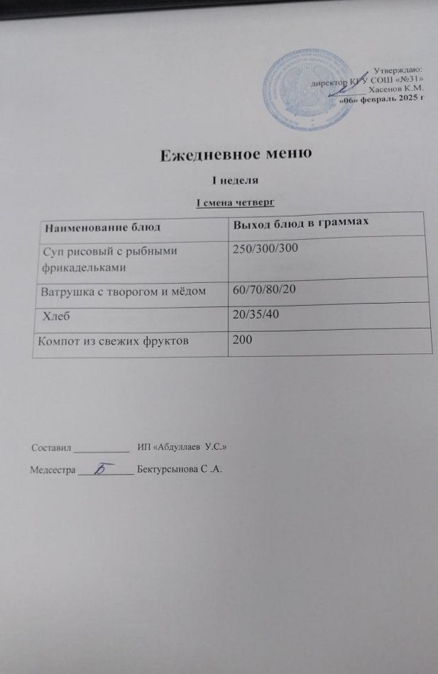 меню 1,2 смена