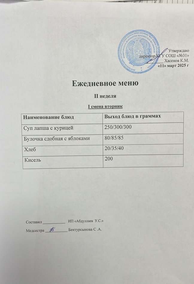меню 1,2 смена