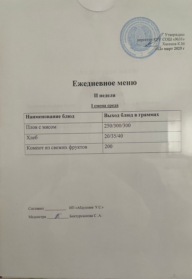 Меню 1,2 смена