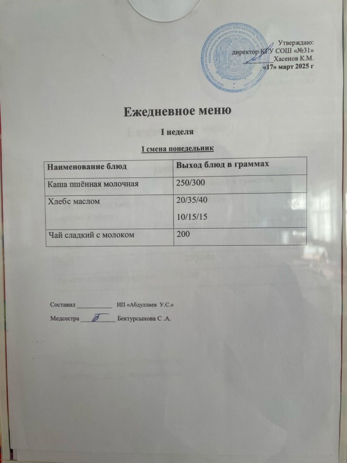 Меню 1,2 смена