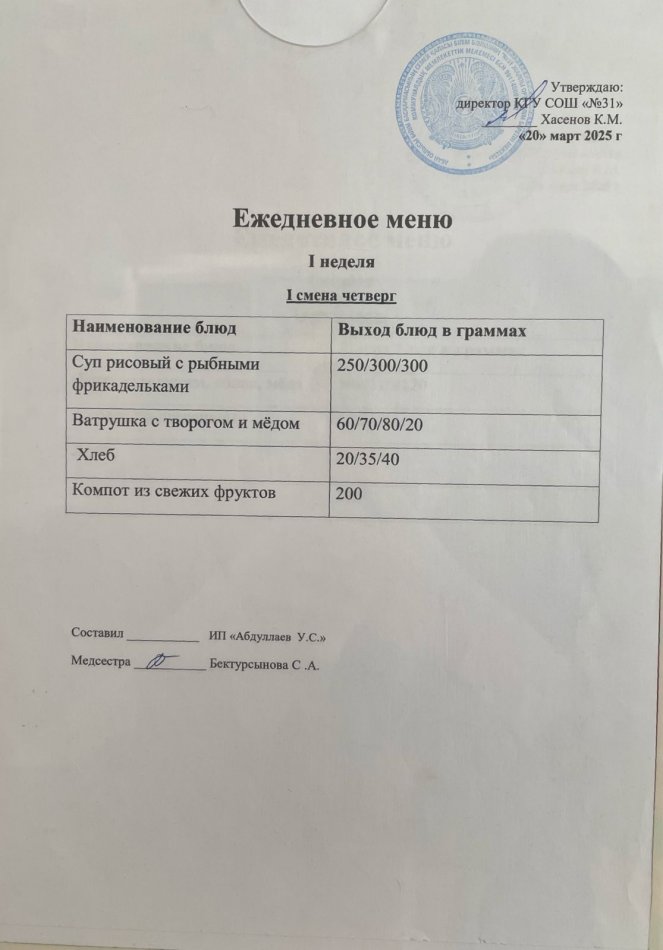 Меню1,2 смена