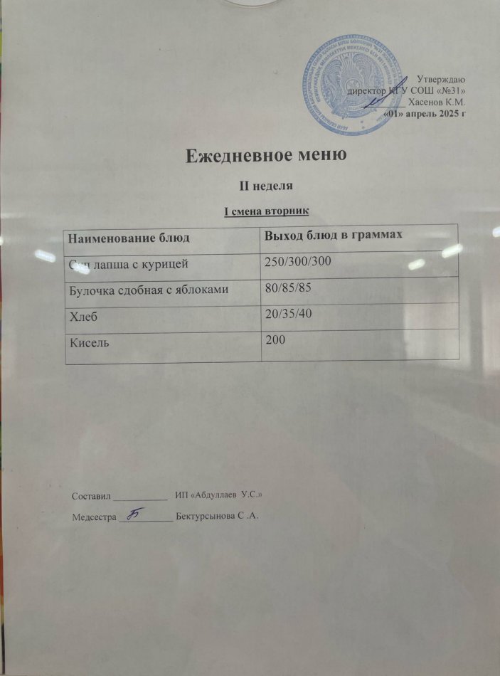 меню 1,2 смена