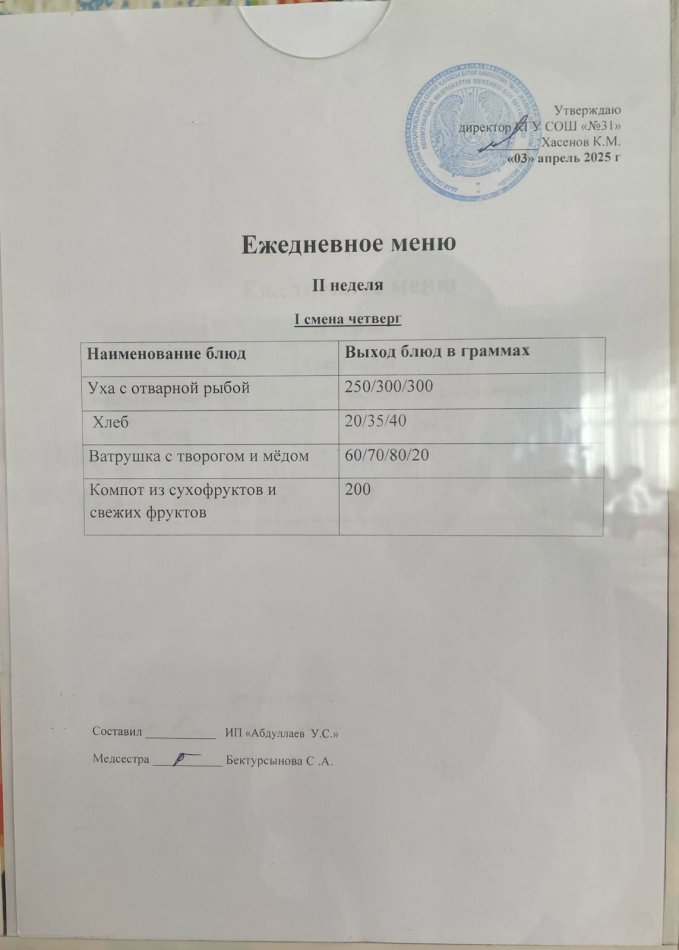 меню 1,2 смена