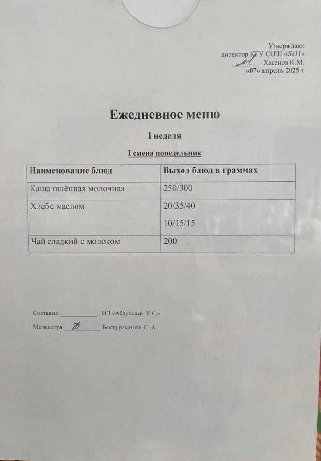 меню 1,2 смена