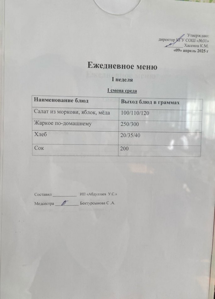 меню 1,2 смена