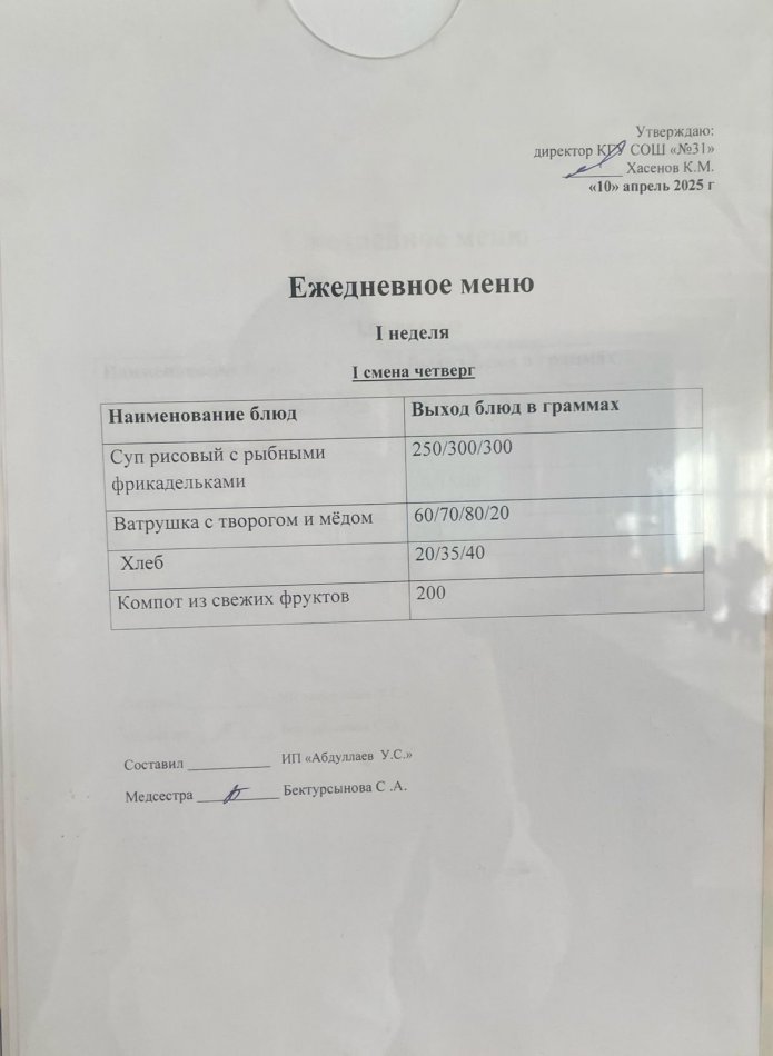 меню 1,2 смена