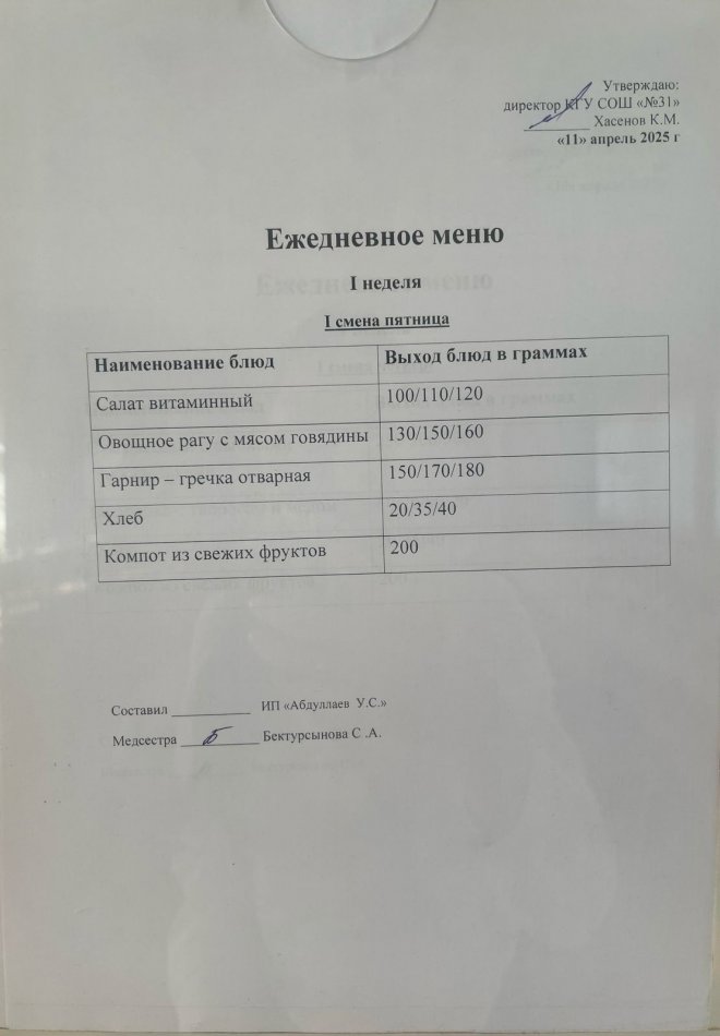 меню 1,2 смена