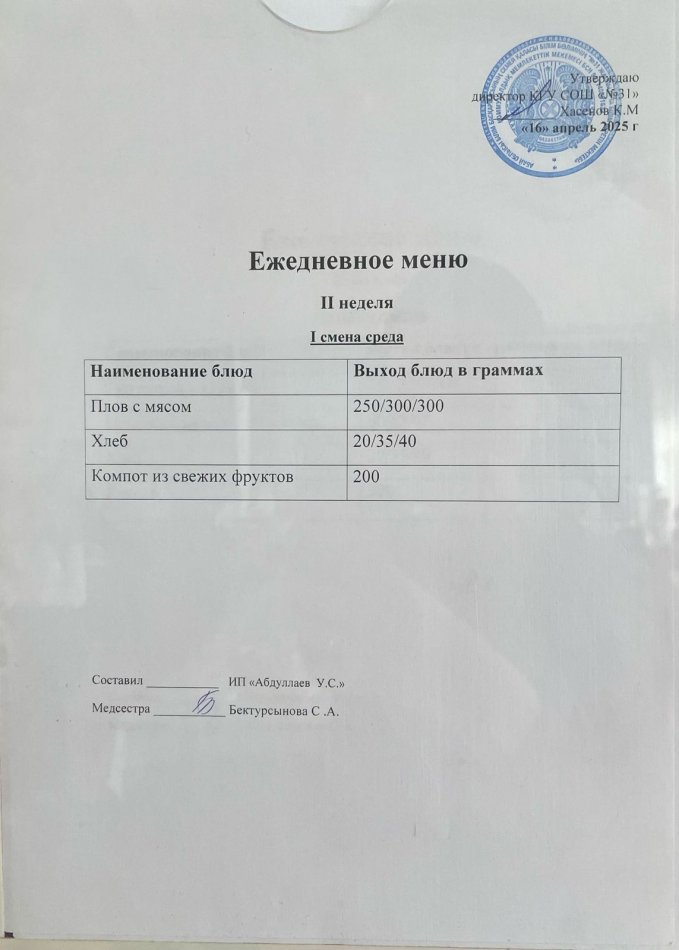 меню 1,2 смена