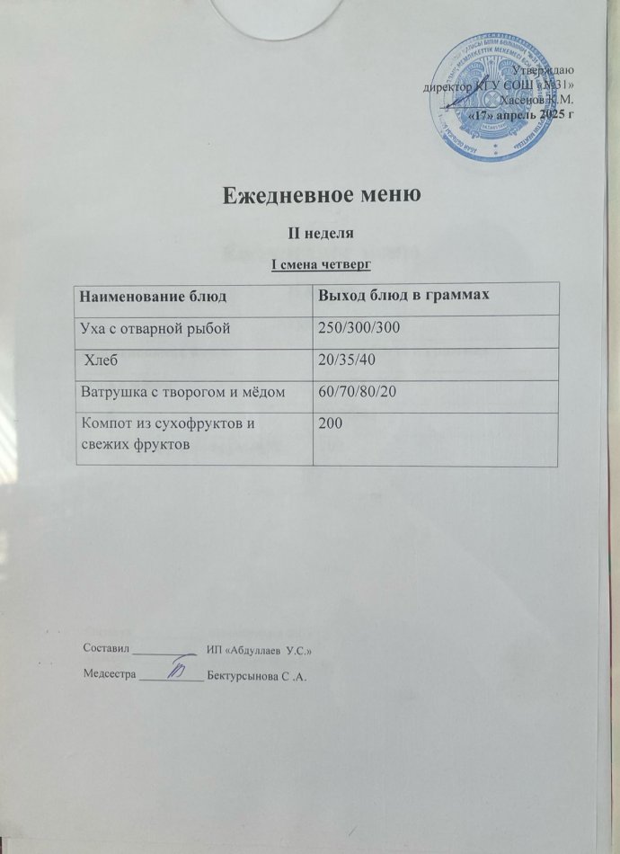 меню 1,2 смена