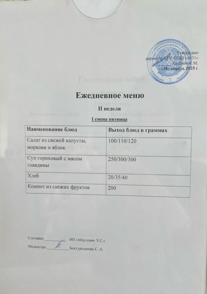 меню 1,2 смена