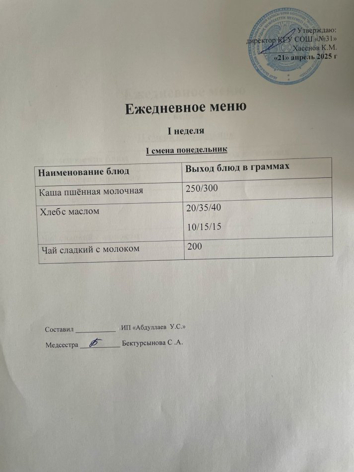 меню 1,2 смена