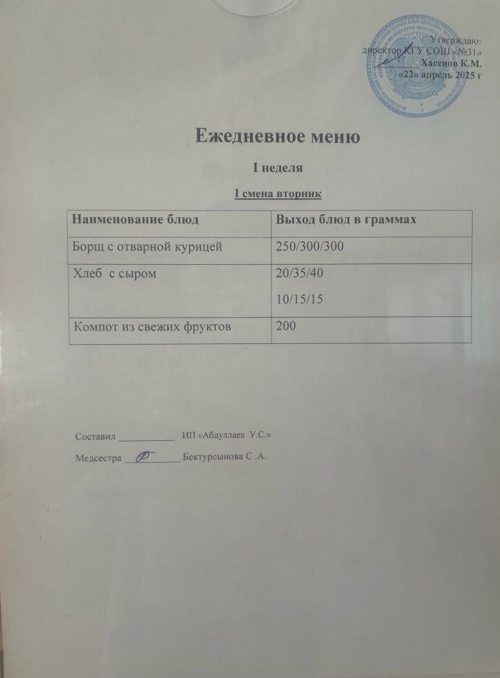 меню 1,2 смена