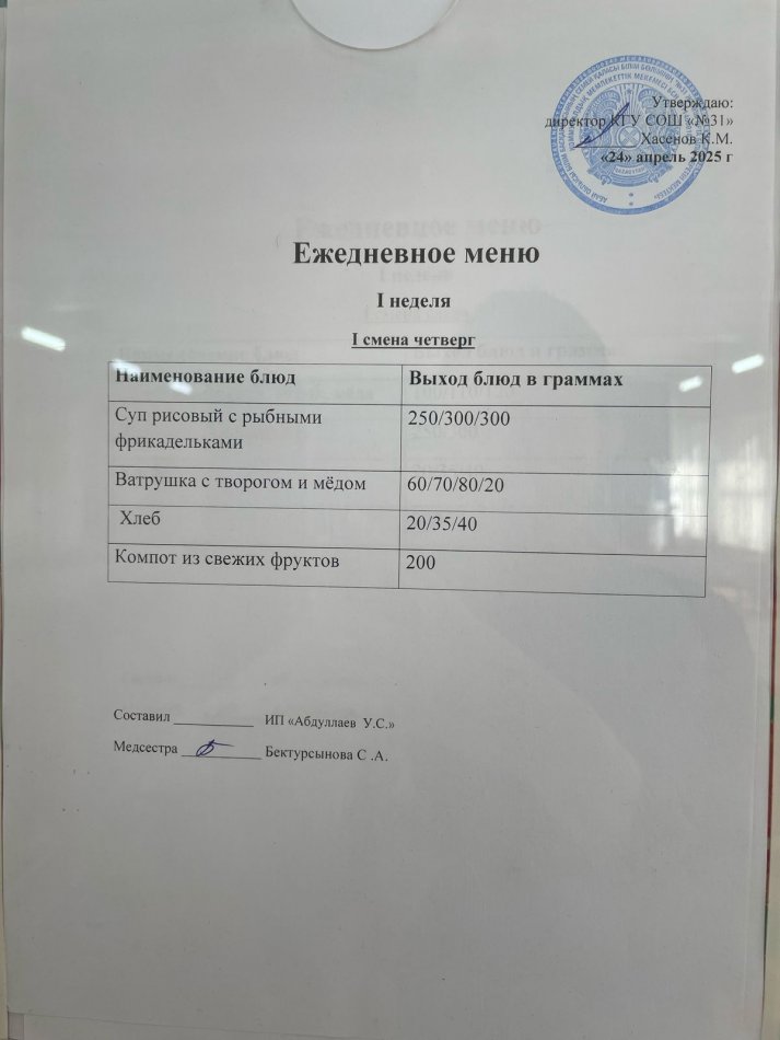 меню 1,2 смена
