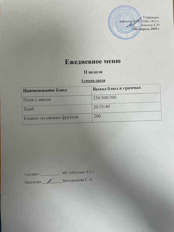 меню 1,2 смена