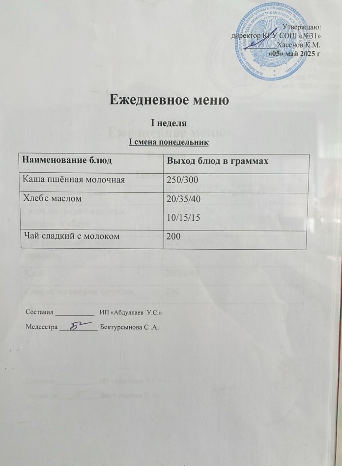меню 1,2 смена