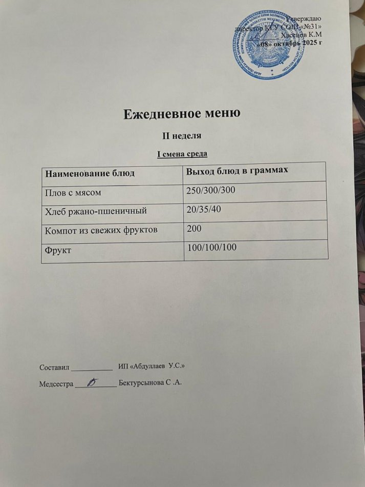меню 1,2 смена