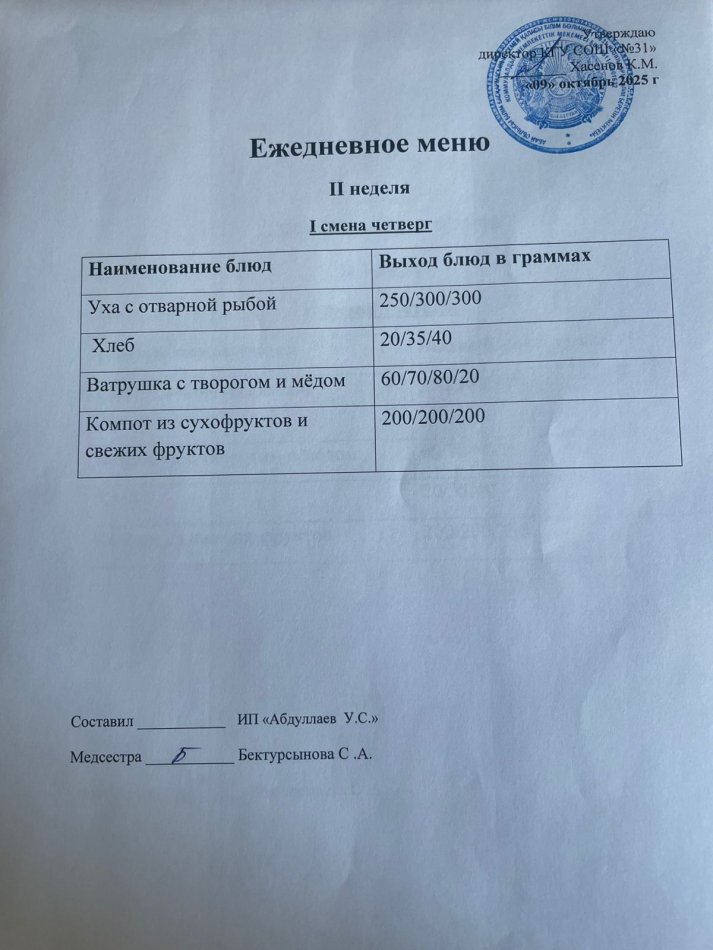 меню 1,2 смена