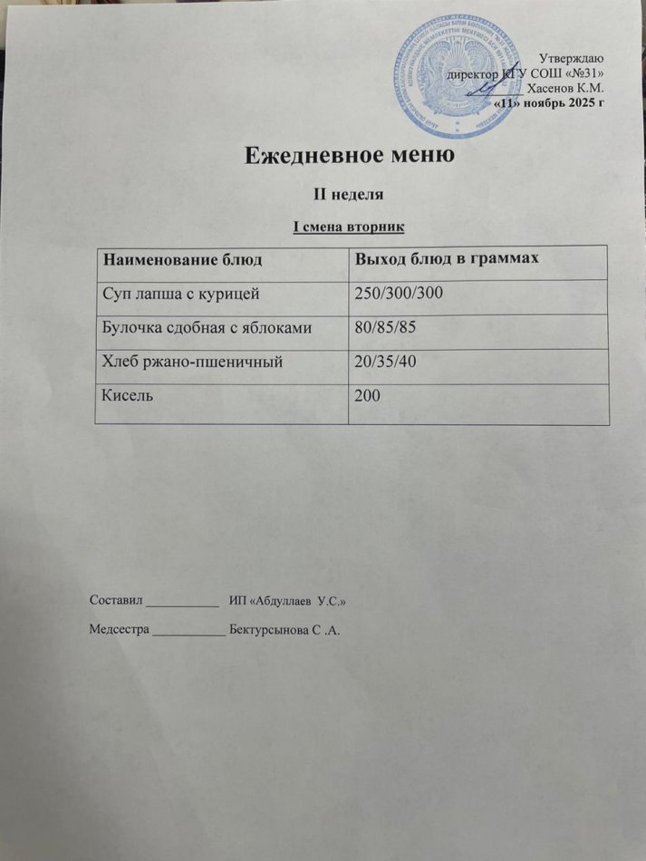 меню 1,2 смена